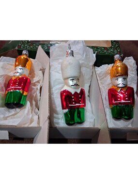 European Glass Nutcracker Soldier Christmas Ornaments Set Of 3 - Hand Made - Red